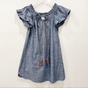 W Wrapper Chambray Split Neck Tassel Off The Shoulder Dress Small Blue
